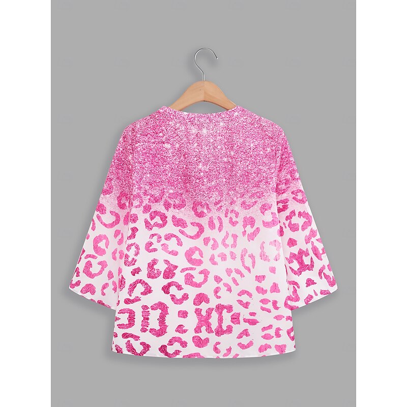 Women's Shirt Button Down Blouse Basic Neon & Bright Print 3/4 Length Sleeve Regular Tops V Neck Casual Pink Blue Purple Green3