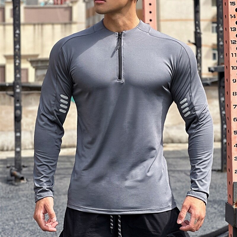 Men's Athletic Shirt Gym Shirt Fitness Shirt Padded Compression Shirt Quarter Zip Long Sleeve Jersey Casual Athleisure Fall Solid Colored Spandex Quick Dry Soft Breathable Gym Workout Walking Jogging2