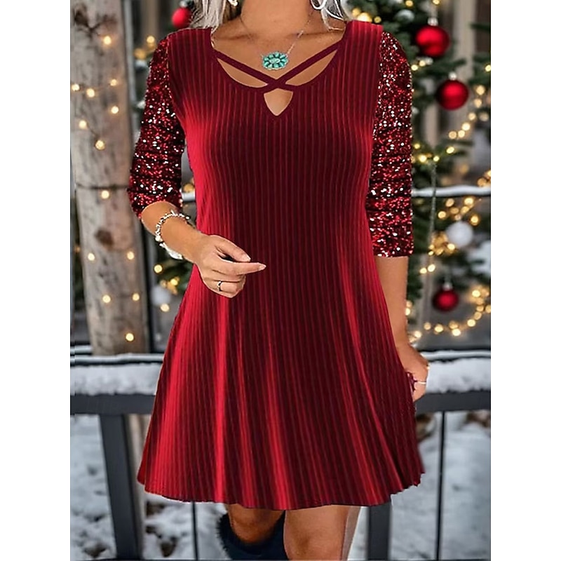Women's A-Line Dress Pleated Sequin Detailing 3/4 Sleeve Keyhole Neckline Crisscross Accent Party Wear Comfort Fit Holiday Fashion Red