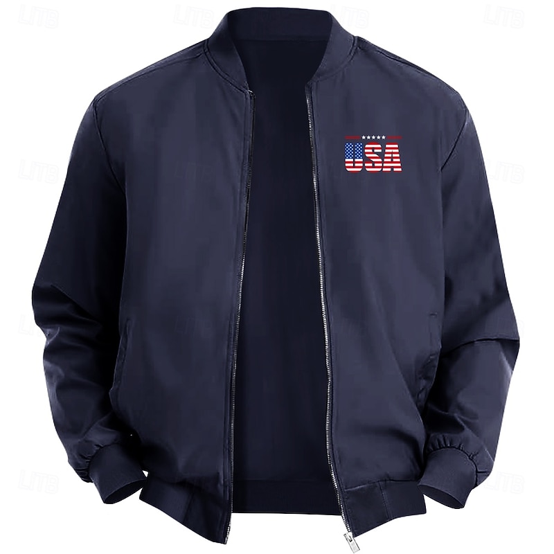Men's American US Flag USA Bomber Jacket Coat Casual Sports Outdoor Daily Wear Side Pockets Zip Front Graphic Fall Winter Standing Collar Long Sleeve Black Red Army Green4