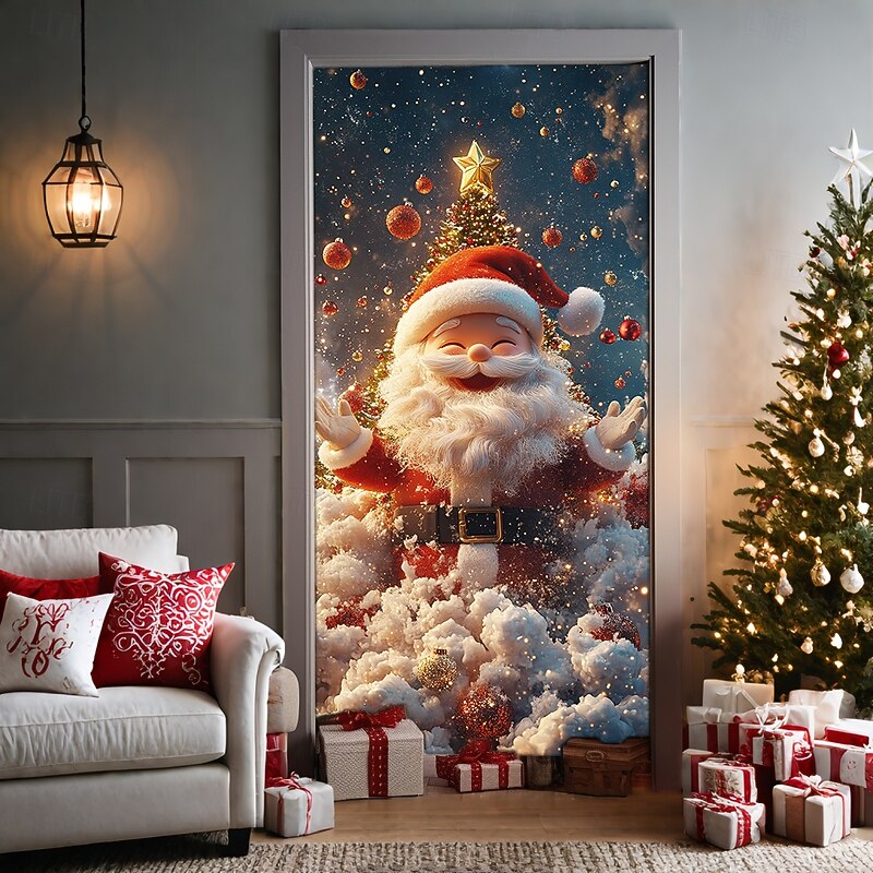 Christmas Door Decorations Door Covers Xmas Tree Door Tapestry Door Curtain Decoration Backdrop Door Banner for Front Door Farmhouse Holiday Party Decor Supplies Indoor/Outdoor3