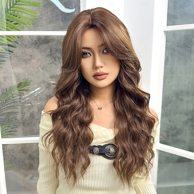 Synthetic Wig Uniforms Career Costumes Princess Curly Wavy Middle Part Layered Haircut Machine Made Wig 26 inch Dark Brown Synthetic Hair Women's Cosplay Party Fashion Dark Brown2