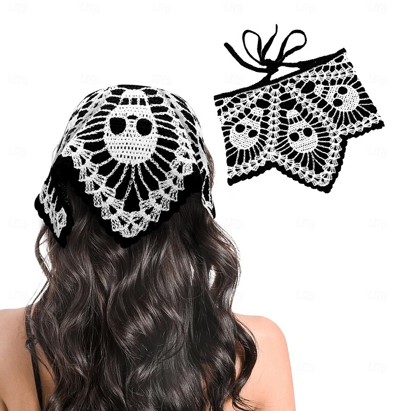Crochet Bandanas for Women Spider Web Skull Crochet Head Scarf Black Crochet Headband Halloween Knitted Headscarf
