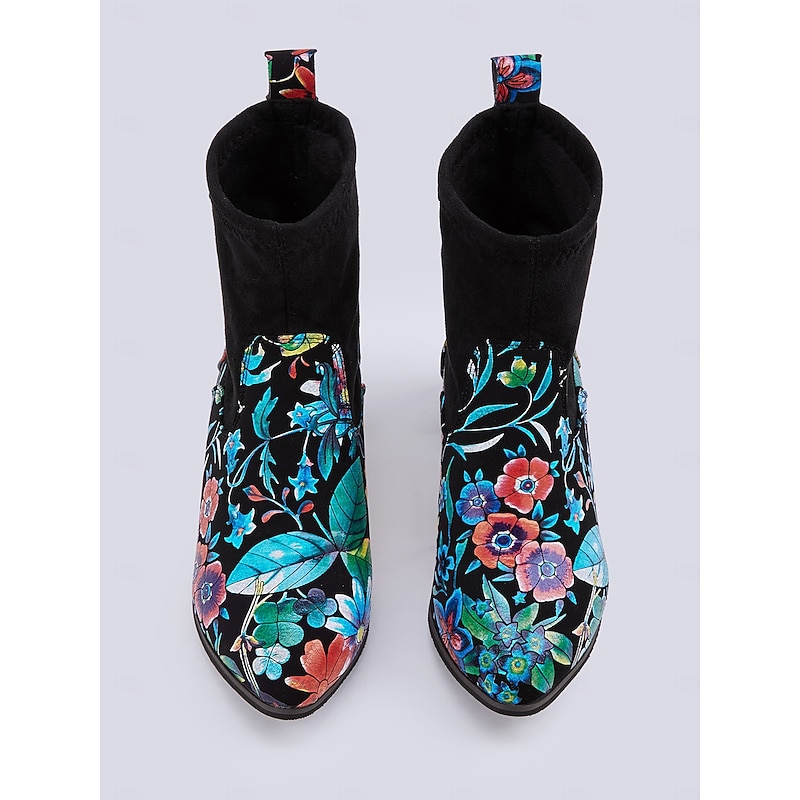 Women's Floral Embroidered Ankle Boots with Quilted Block Heel, Vintage Style, Fashionable Party and Casual Footwear4