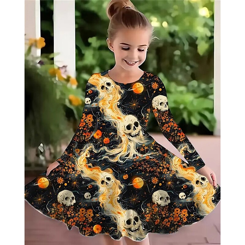 Halloween Girls' 3D Graphic Witch Bat Dress Long Sleeve Summer Spring Daily Holiday Vacation Beautiful Sweet Kids 4-12 Years Casual Dress A Line Dress Knee-length Polyester Regular Fit4