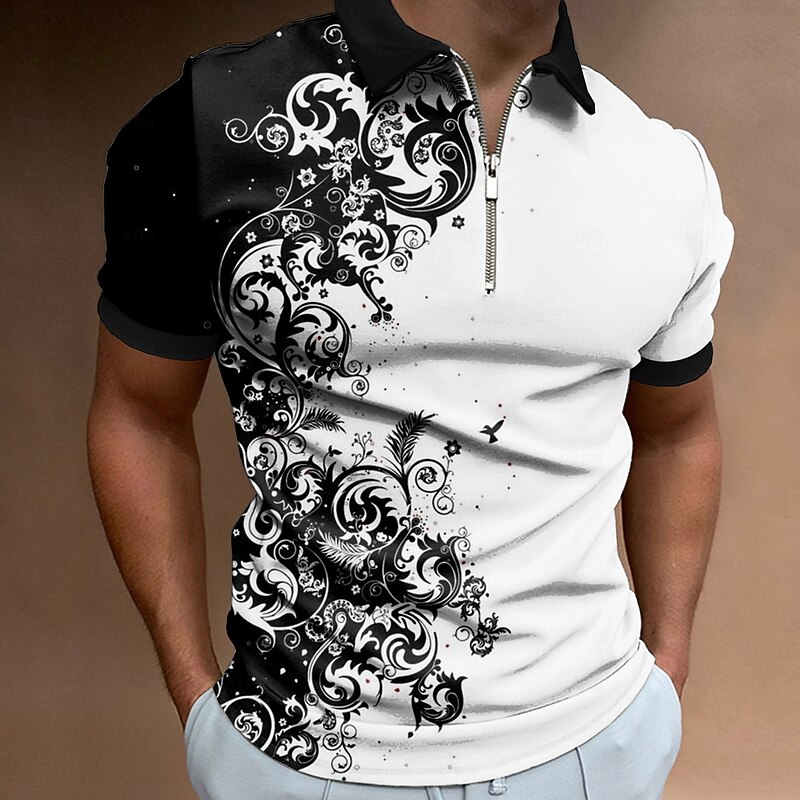 Men's Graphic Polo Shirts Zip Polo Short Sleeve Polo Shirts Collar Casual Vacation Party Evening Wear Dailywear Zipper 3D Print Summer Spring Black And White