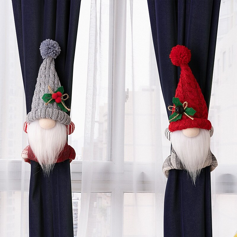 Christmas Curtain Tiebacks, Rudolph and Gnome No-Face Doll Curtain Holdbacks, Creative Xmas Decoration for Drapes, Holiday Window Decor Accessories