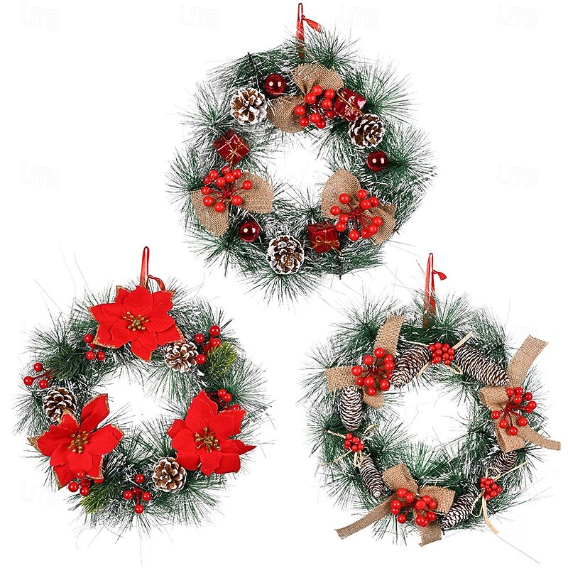 Christmas Wreath Outdoor for Front Door Winter Wreath 30cm - Pine Cone and Large Red Flower Decorations, Burlap Bow, Festive Wall Decor, Holiday Home Atmosphere Enhancer4