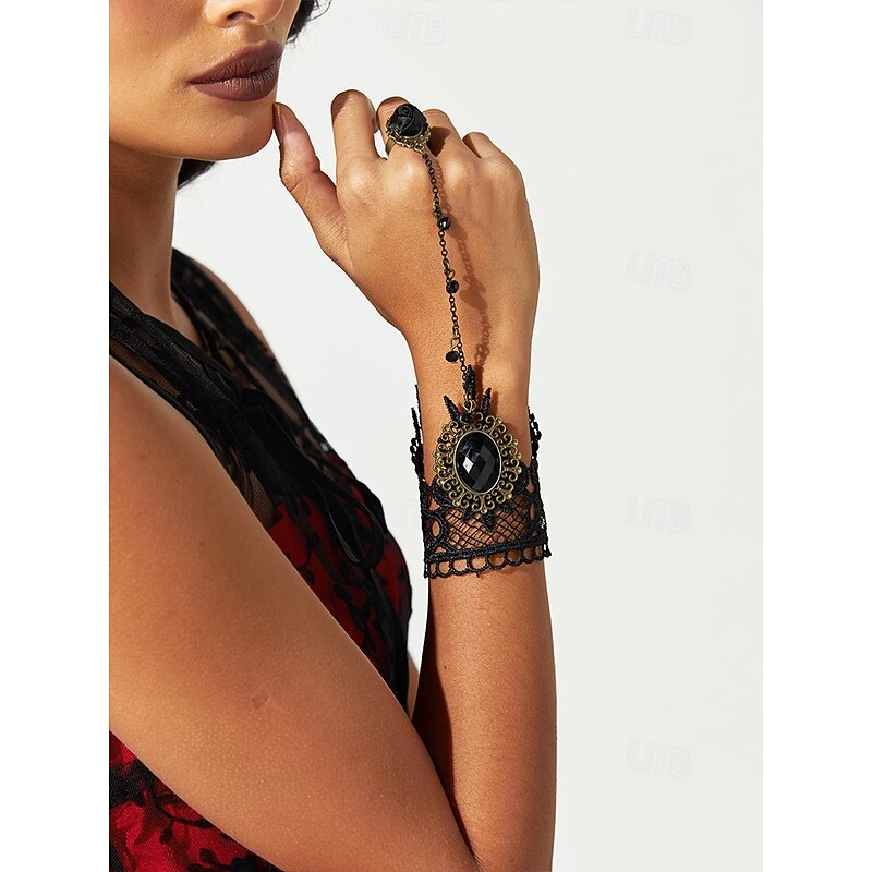 Vintage Gothic Lace Bracelet with Ring, Black Gemstone Hand Chain Jewelry, Perfect for Halloween, Cosplay, and Victorian-Themed Costumes3