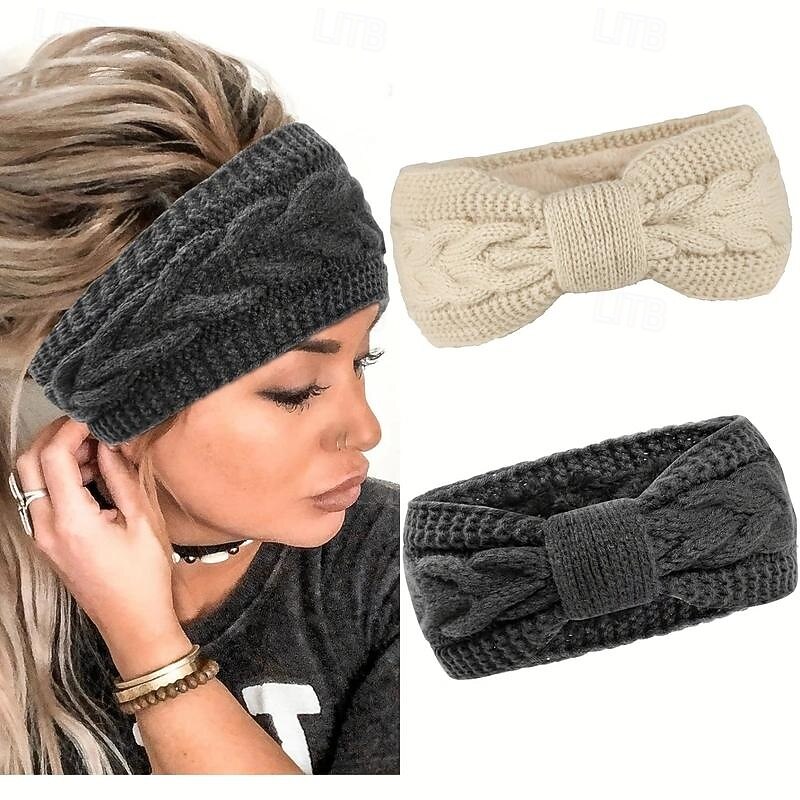 Soft & Cozy Ribbed Fleece Knit Elastic Headbands - Warm Ear Warmer for Women with Classic Bowknot Design, Perfect for Daily Use in Autumn & Winter2