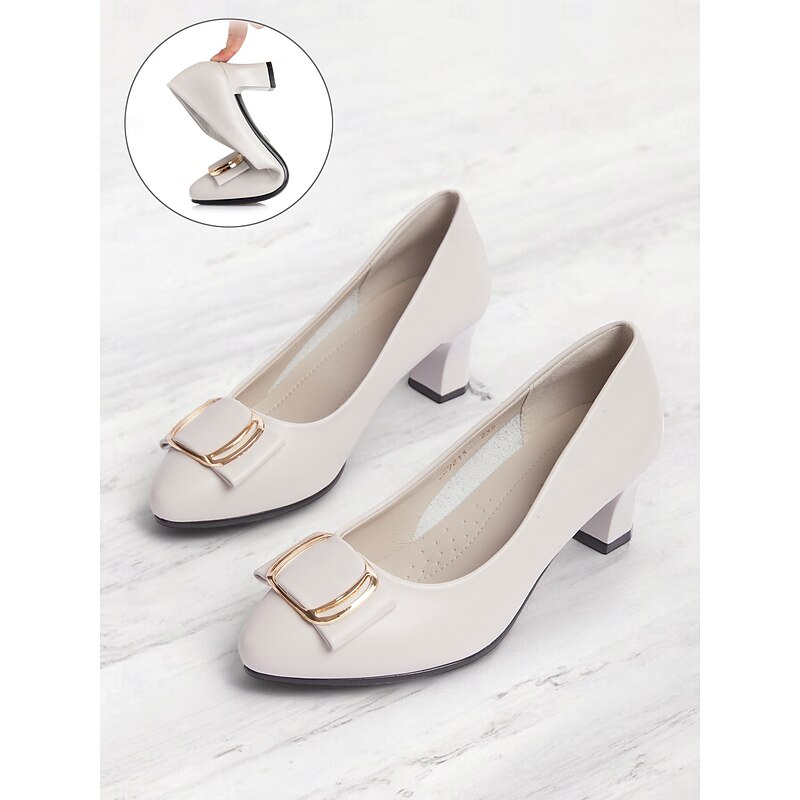 Women's Beige Low Block Heel Pumps with Gold Buckle and Flexible Sole – Comfortable Slip-On Shoes for Office and Formal Wear2