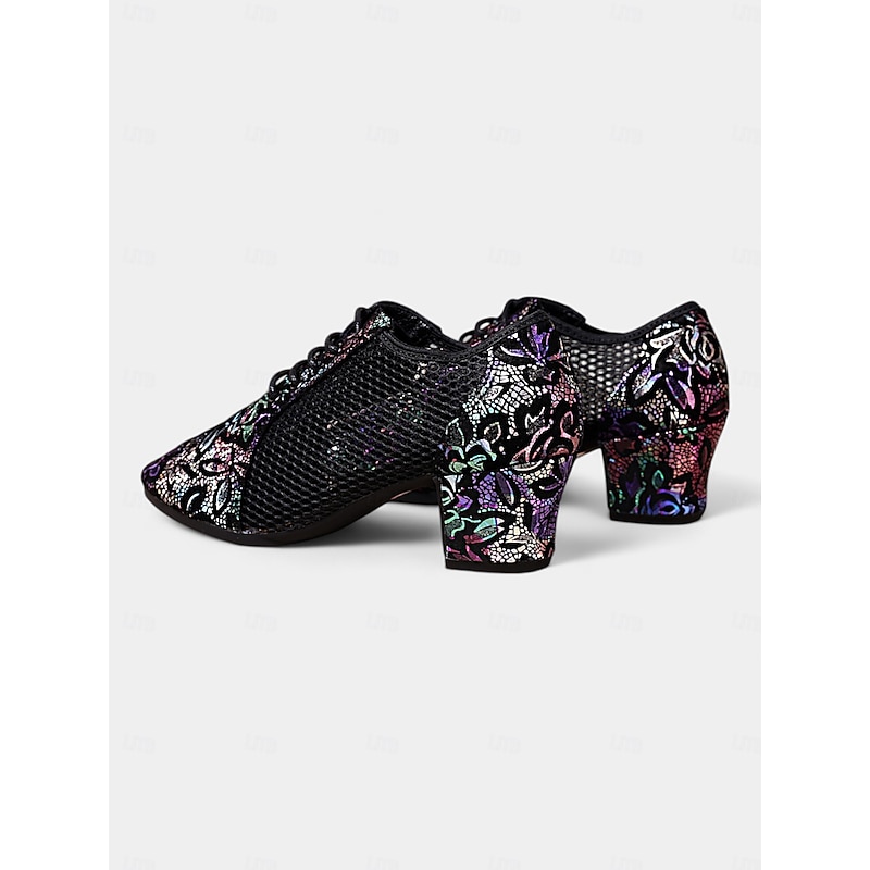 Women's Black Leather Lace-Up Dance Shoes with Mesh Panels and Floral Embroidery, Lightweight Shoes for Ballroom, Latin, and Jazz Dancing3