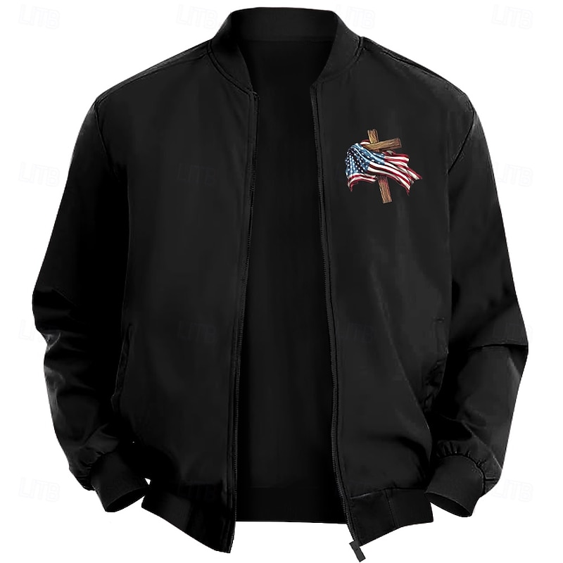 Men's American US Flag Cross Bomber Jacket Coat Casual Sports Outdoor Daily Wear Side Pockets Zip Front Graphic Fall Winter Standing Collar Long Sleeve Black Red Army Green4