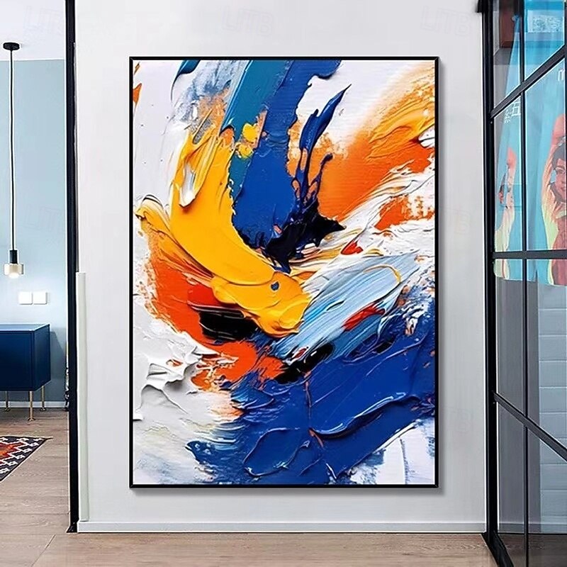 100% handmade White Blue Yellow Textured Painting Oversized handmade Abstract Geometric Textured oil painting Wall Art Large Minimalist Textured Painting for Living Room Wall Decor Abstract Art