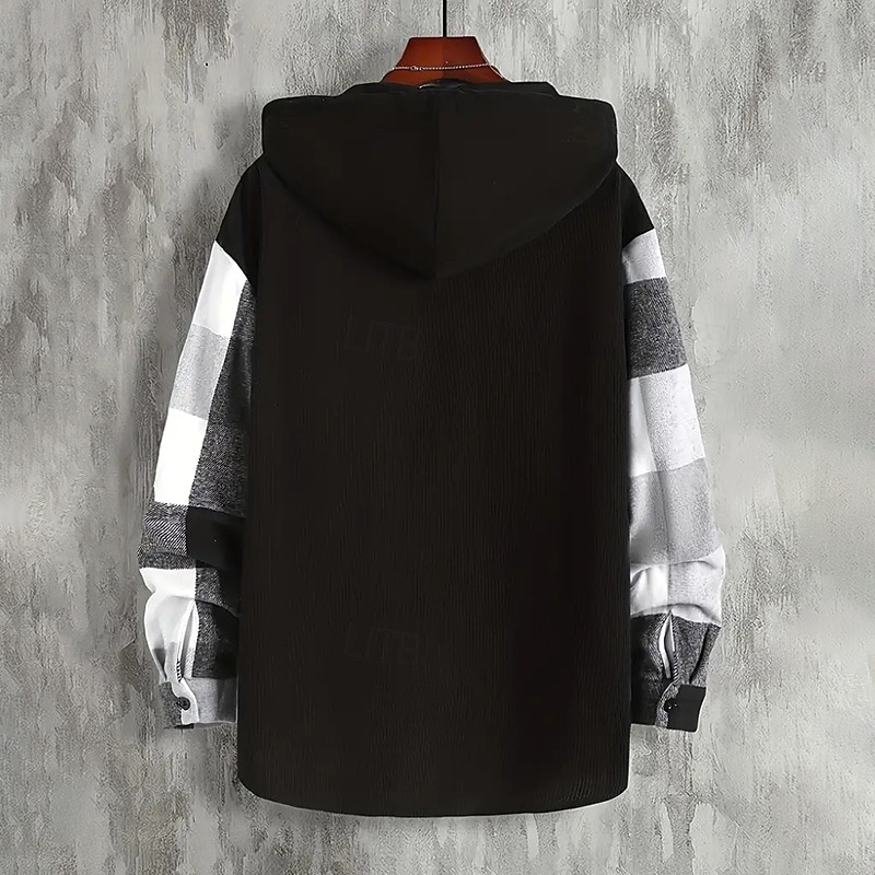 Men's Shirt Flannel Shirt Overshirt Plaid Outdoor Street Black Pink Navy Blue Brown Long Sleeve Hooded Winter Spring &  Fall Clothing Apparel2