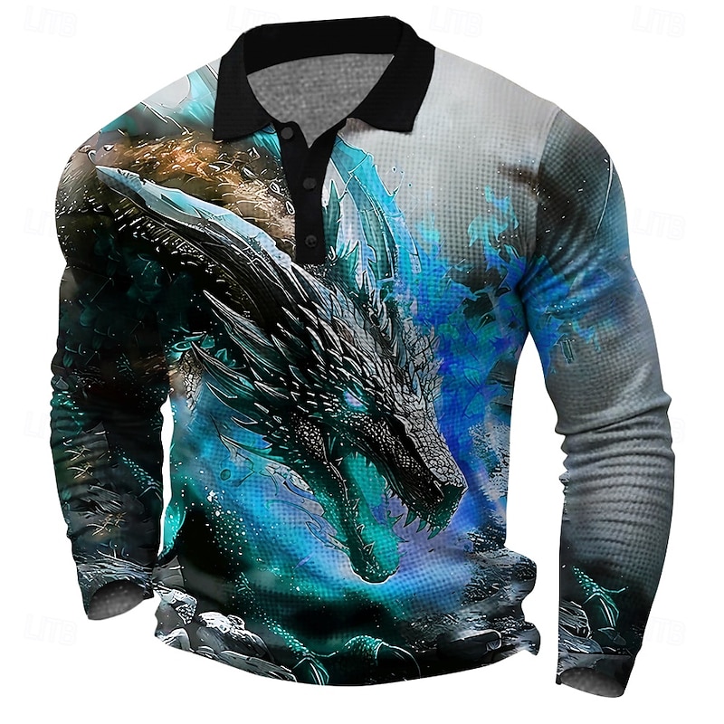 Men's Dragon Waffle Polo Shirts Golf Shirt Long Sleeve Polo Shirts Collared Shirts Casual Funny Streetwear Vacation Wear Party Outfits Buttons 3D Print Spring Fall Winter Golden yellow Red Blue4