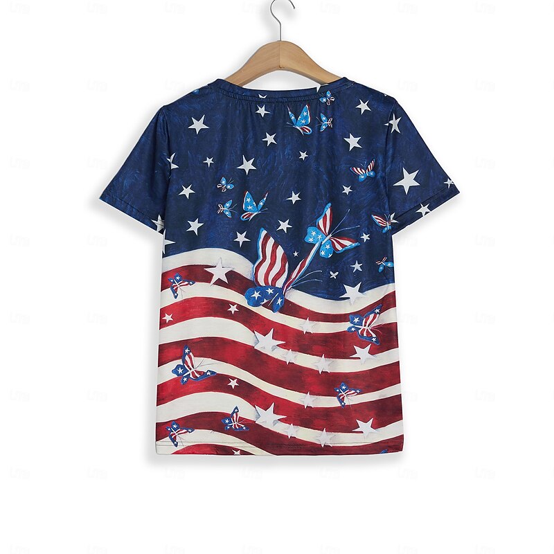 Women's Patriotic  T Shirt American Flag Stylish Casual Red White And Blue Red White And Blue Short Sleeve V Neck Regular Tops Print Blue Summer3