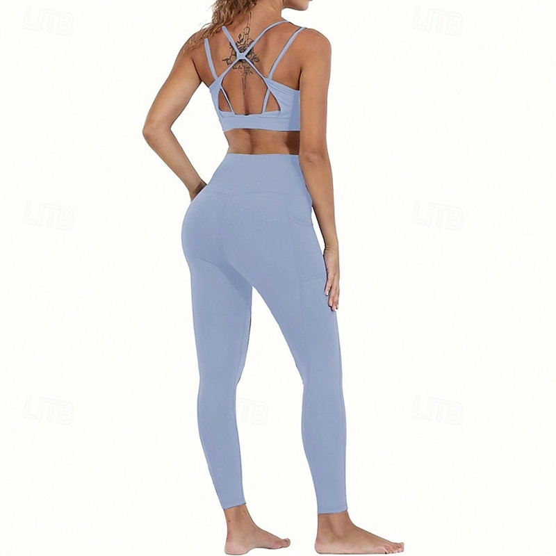 Women's Yoga Pants Yoga Leggings Pocket High Waist Pilates Gym Workout Workout Tights Solid Color Black Pink Light Blue Spandex Fall Sports Activewear Stretchy Slim3