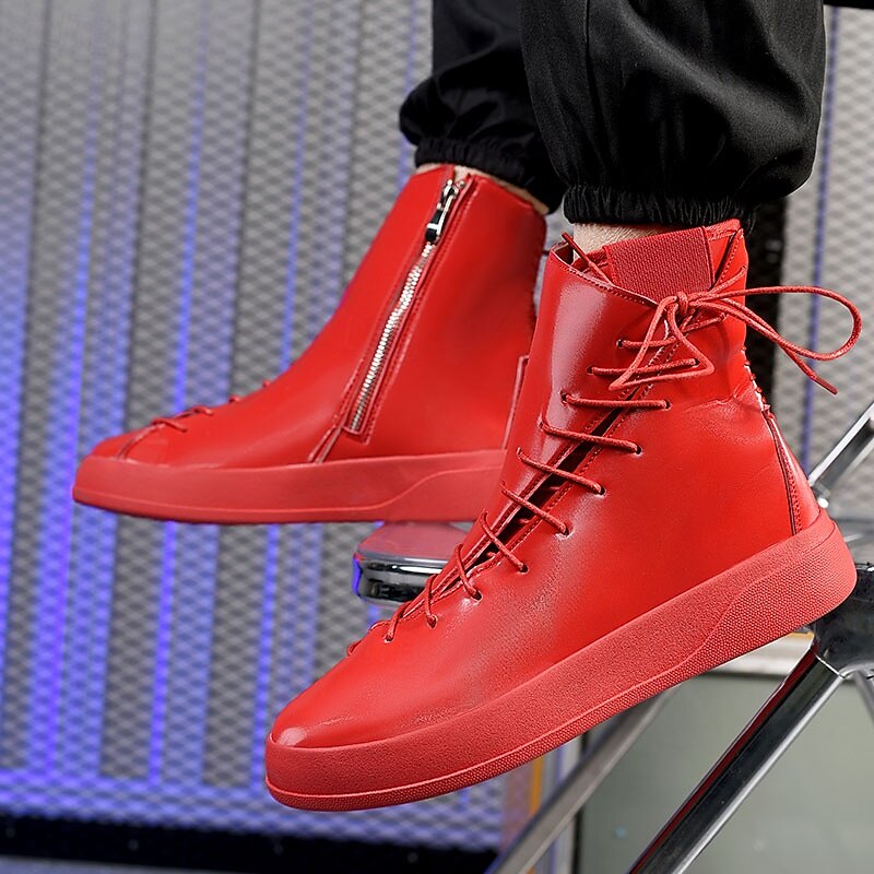 Men's Red Faux Leather High-Top Boots with Side Zipper and Lace-Up Design – Stylish Casual Footwear for Fall and Winter 7