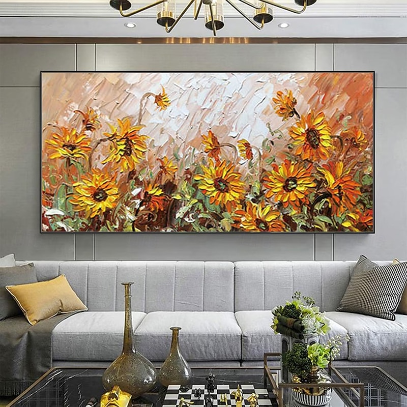 Mintura Handmade 3D Sunflower Landscape Oil Paintings On Canvas Wall Art Decoration Modern Abstract Flower Picture For Home Decor Rolled Frameless Unstretched Painting