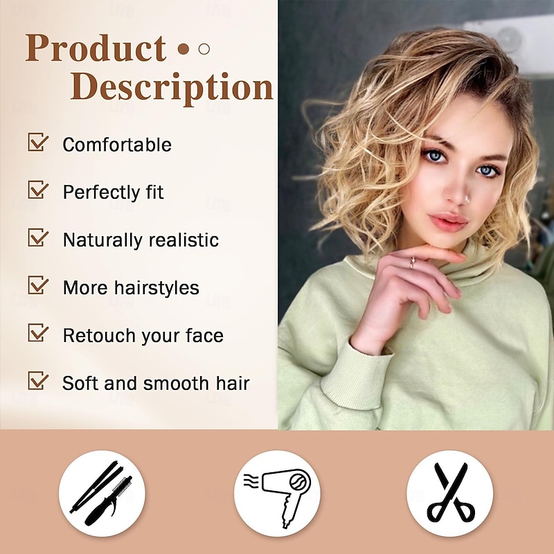 Short Layered Ombre Blonde Wavy Bob Wigs for White Women Mid-length Blonde Curly Wig Synthetic Natural Looking Daily Party Wig4