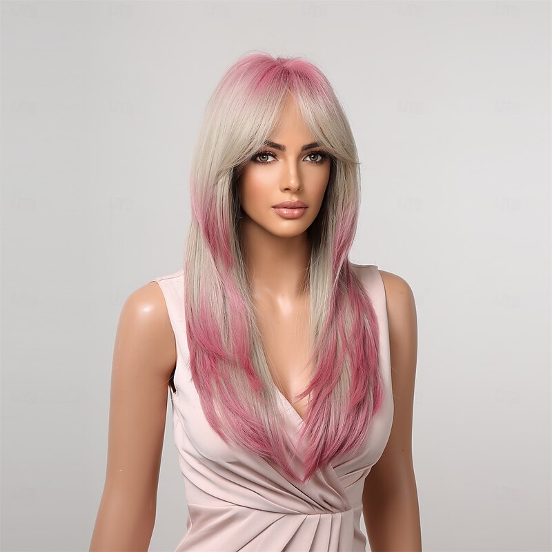 Synthetic Wig Uniforms Career Costumes Princess Straight kinky Straight Middle Part Layered Haircut Machine Made Wig 22 inch Gold Pink Synthetic Hair Women's Cosplay Party Fashion Blonde2