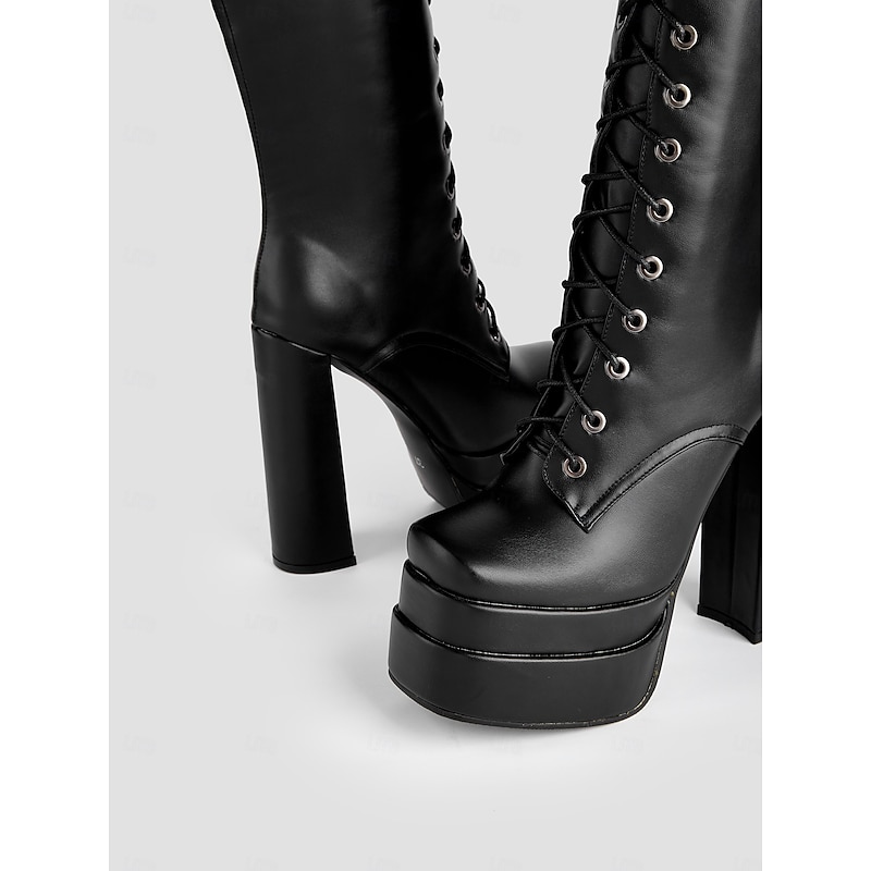 Women's Black Platform Knee-High Lace-Up Boots – Gothic Punk Style with Chunky Heel, Ideal for Halloween and Cosplay 5