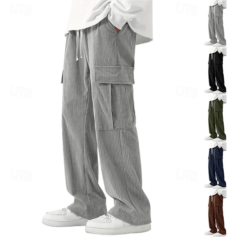 Men's Cargo Pants Corduroy Pants Trousers Straight Leg Sweatpants Elastic Waist Drawstring Multi Pocket Plain Wearable Outdoor Daily Camping & Hiking Fashion Classic Black Army Green