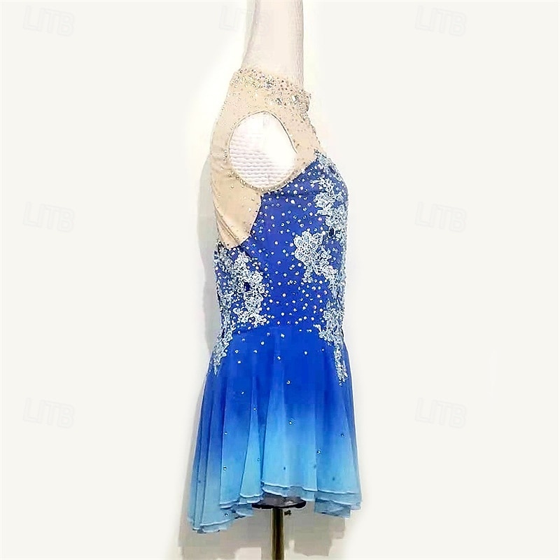 Figure Skating Dress Women's Girls' Ice Skating Dress Blue Patchwork Mesh High Elasticity Training Competition Skating Wear Classic Crystal / Rhinestone Sleeveless Ice Skating Figure Skating4