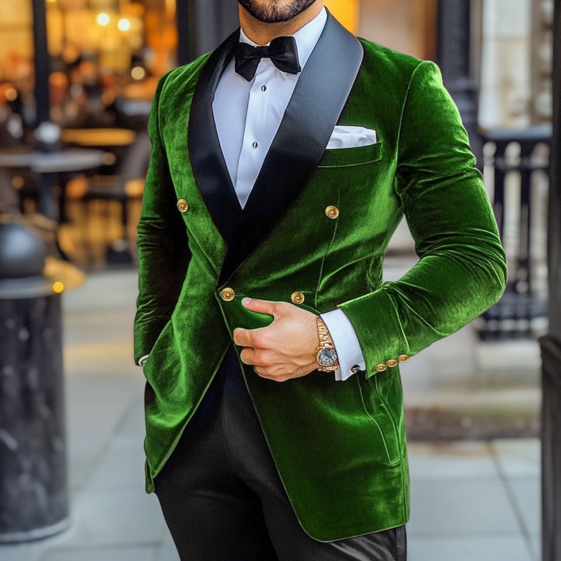 Men's Blazer Jacket Tuxedo Shawl Collar Vintage Party Velvet Patchwork Solid Colored Blazer Burgundy Navy Blue Green Standard Fit Double Breasted Four-buttons