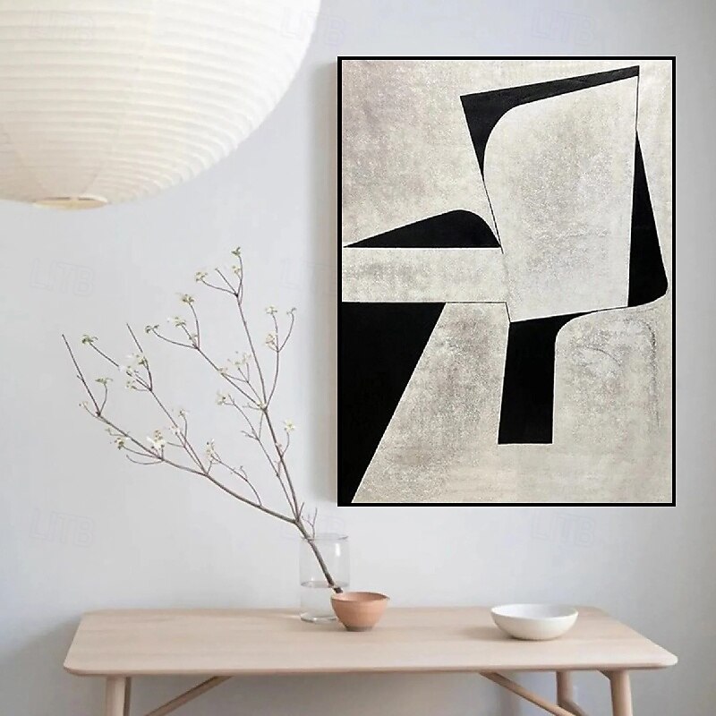 Handpainted White Black Textured Painting Oversized handmade Abstract Geometric painting Wall Art Large Minimalist Black White Painting for Living Room Wall Decor Abstract Art2