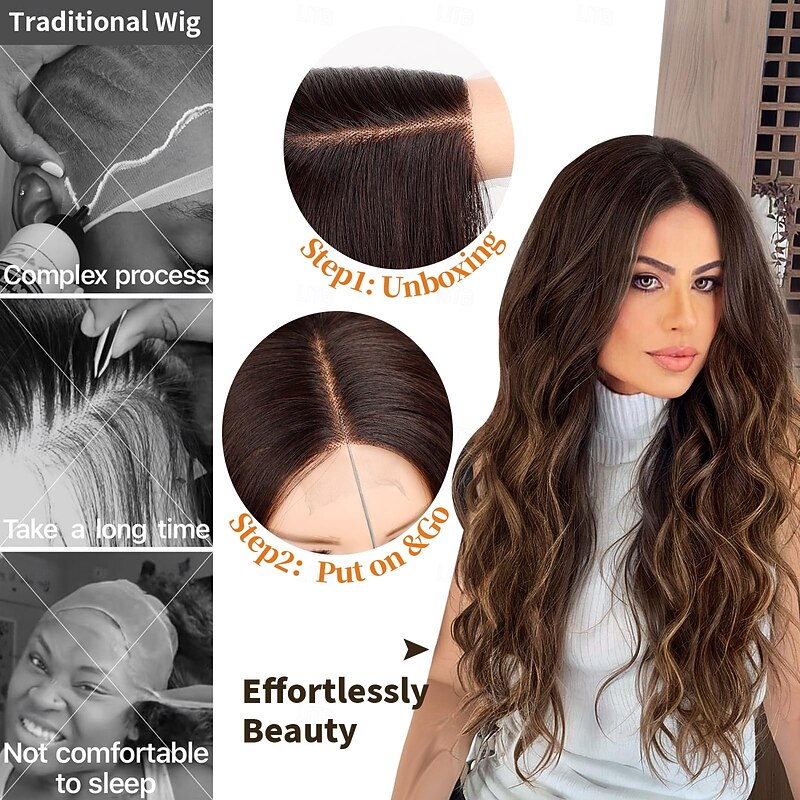 Long Brown Wavy Wig with Highlights Middle Part Curly Wigs Lace Hairline Wigs for Women Ombre Brown Synthetic Heat Resistant Wigs for Daily Part Use4