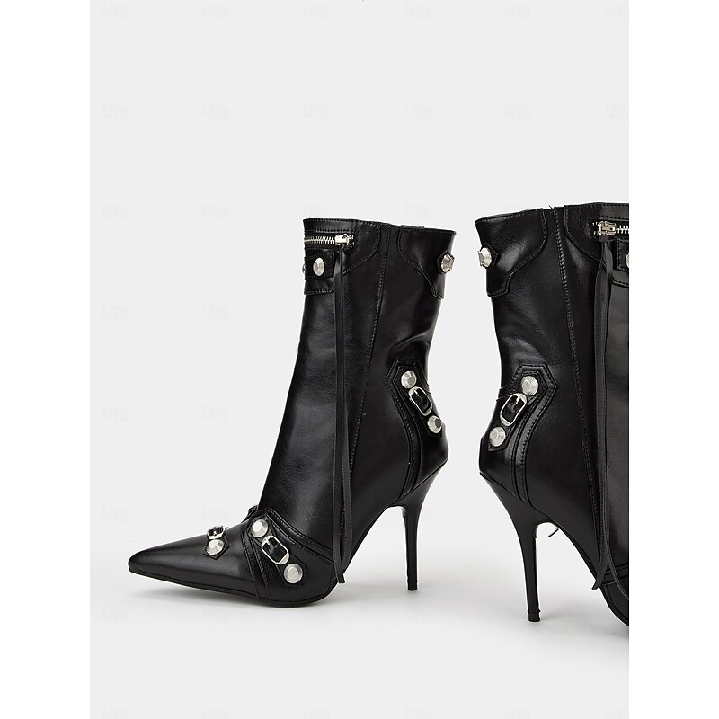Women's Black Faux Leather Stiletto Motorcycle Boots with Buckles and Zipper Detailing - Sexy Pointed Toe Mid-Calf Heels for Parties and Night Out3