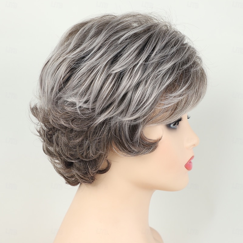 Grey Curly Pixie Wigs for White Women Short Fluffy White Hair with Bangs Natural Synthetic Heat Resistant Wig3