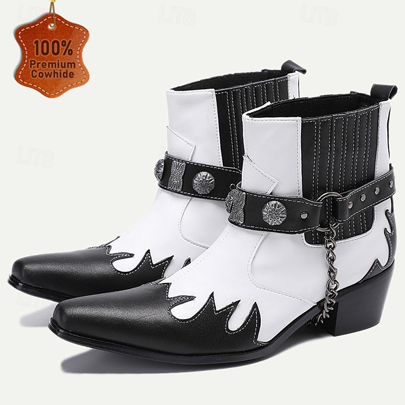 Men's Premium Cowhide Black and White Motorcycle Boots with Studded Strap, Chain Detail, and Western Style – Perfect for Riding and Casual Wear