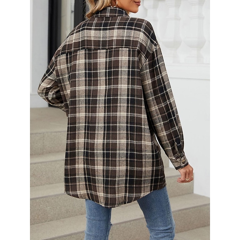 Women's Shirt Jacket Shacket Warm Breathable Buttons Pocket Print Casual Plaid Vacation Street Daily Wear Going out Single Breasted Regular Turndown Regular Fit Long Sleeve Outerwear Brown Green Fall 10
