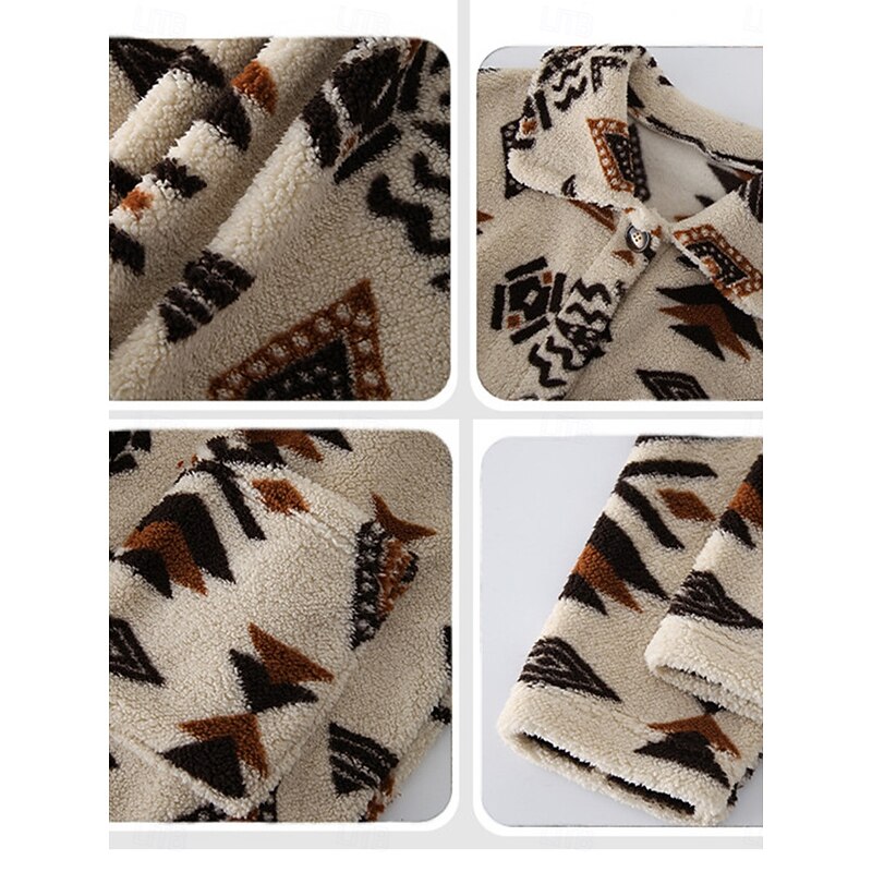 Women's Fleece Jacket Teddy Coat Warm Breathable Buttons Pocket Fleece Lined Vintage Casual Geometric Vacation Street Daily Wear Going out Single Breasted Long Turndown Regular Fit Long Sleeve3