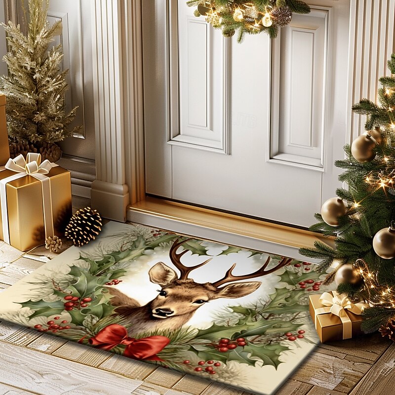 Christmas Decoration Doormat Xmas Reindeer Holly Kitchen Mat Floor Mat Non-Slip Area Rug Oil Proof Rug Indoor Outdoor Mat Bedroom Decor Bathroom Mat Entrance Rug4