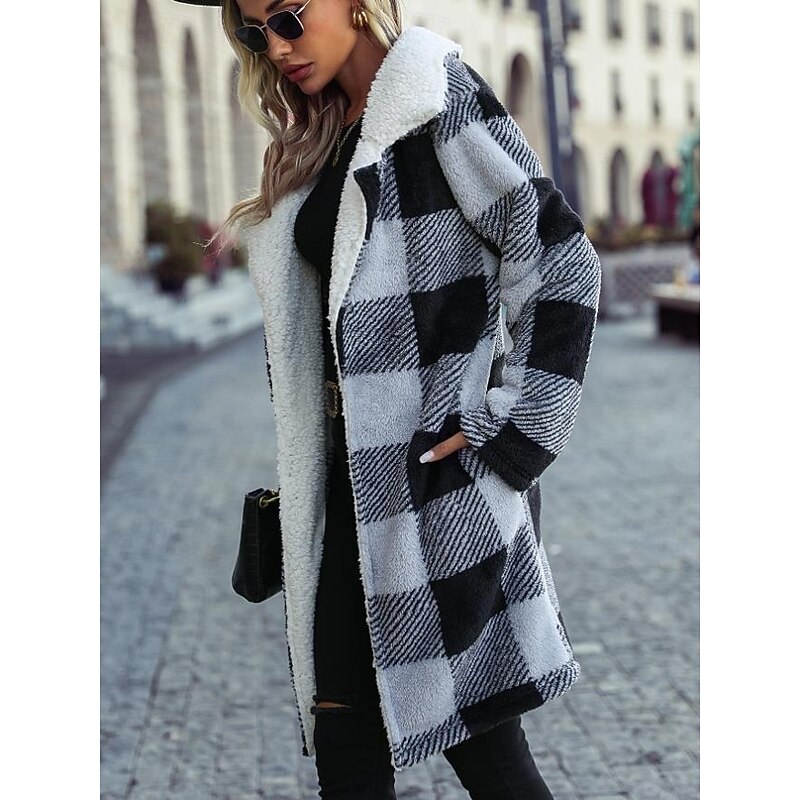Women's Coat Trench Coat Street Daily Wear Fall Winter Long Coat Loose Fit Warm Breathable Stylish Street Style Jacket Long Sleeve Stripes and Plaid Fur Collar White+Black3