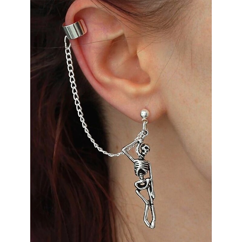 Gothic Skeleton Dangle Earring with Ear Cuff, Vintage Silver Halloween Jewelry for Cosplay and Punk Fashion
