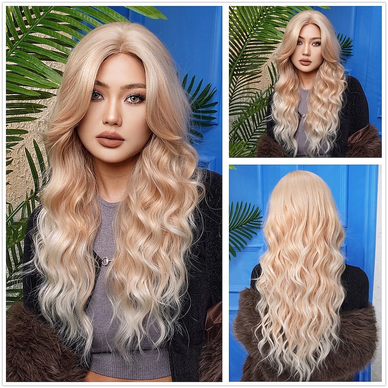 Synthetic Wig Uniforms Career Costumes Princess Curly Wavy Middle Part Layered Haircut Machine Made Wig 26 inch Gold Pink Synthetic Hair Women's Cosplay Party Fashion Pink