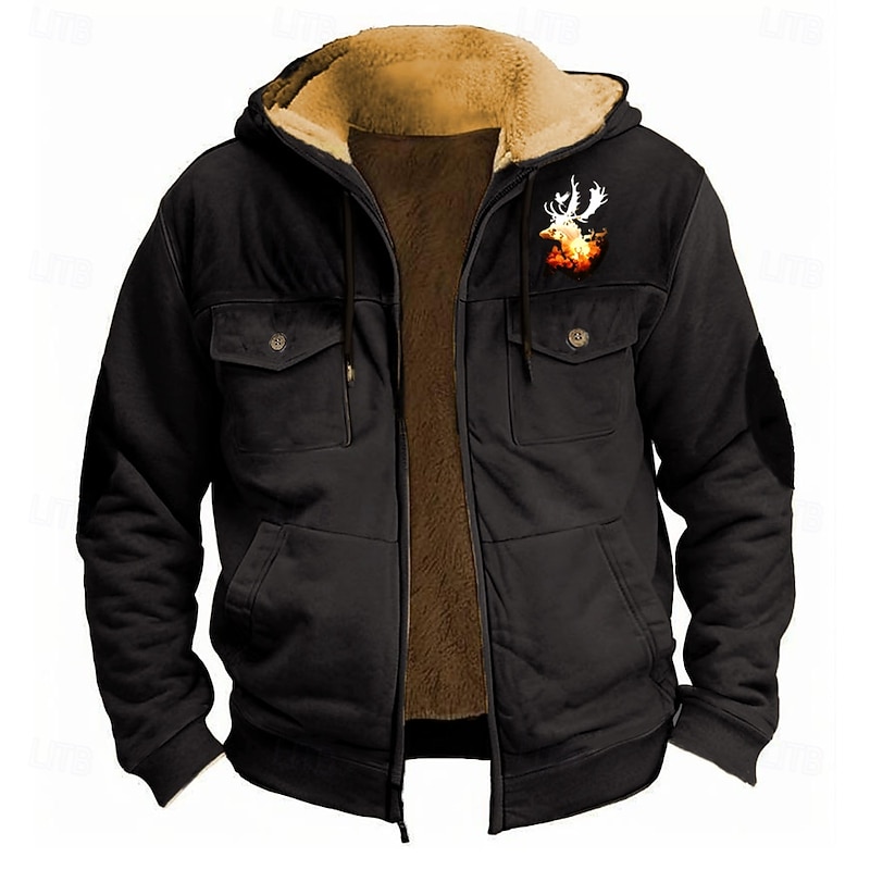 Men's Elk Fleece Hoodie Hoodies Fashion Cool Long Sleeve Hooded Holiday Hunting Streetwear Black Red Zipper Pocket Fall Winter Designer