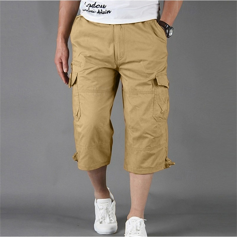 Men's Cargo Pants Cargo Trousers Work Pants Crop Multi Pocket Plain Camouflage Comfort Breathable Calf-Length Casual Daily Streetwear Sports Fashion turmeric Black Micro-elastic2