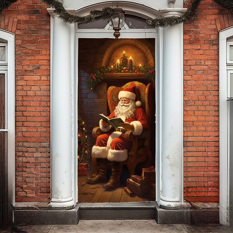 Christmas Door Decorations Door Covers Xmas Santa Door Tapestry Crystal Ball Door Curtain Decoration Backdrop Indoor/Outdoor Door Banner for Front Door Farmhouse Holiday Party Decor Supplies4