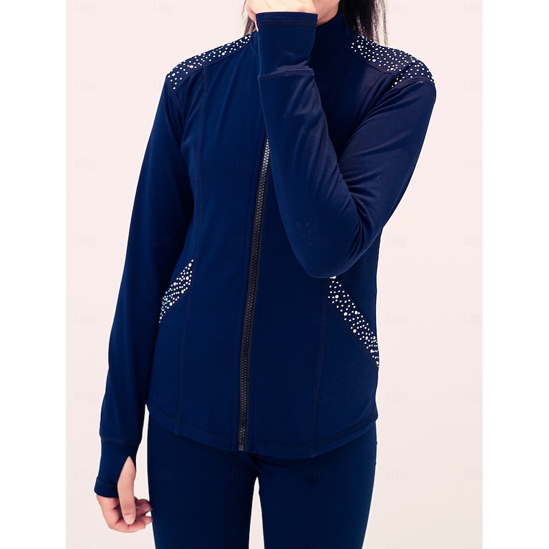 Figure Skating Fleece Jacket Figure Skating Pants Figure Skating Jacket with Pants Women's Girls' Ice Skating Jacket Tights Outfits Dark Blue Patchwork Thumbhole Spandex Stretchy Training Practice4
