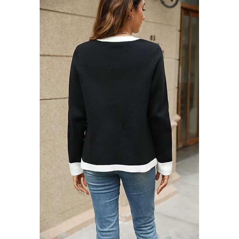 Women's Cardigan Fashion Daily Color Block V Neck Knitted Long Sleeve Regular Tops Knit Work White / Black Hot Pink Fall Winter2