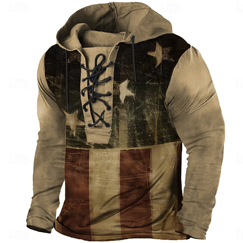 Men's American US Flag Patriotic Hoodie Hoodies Sweatshirt Fashion Cowboy Long Sleeve Crew Neck Khaki Drawstring Fall Winter Designer