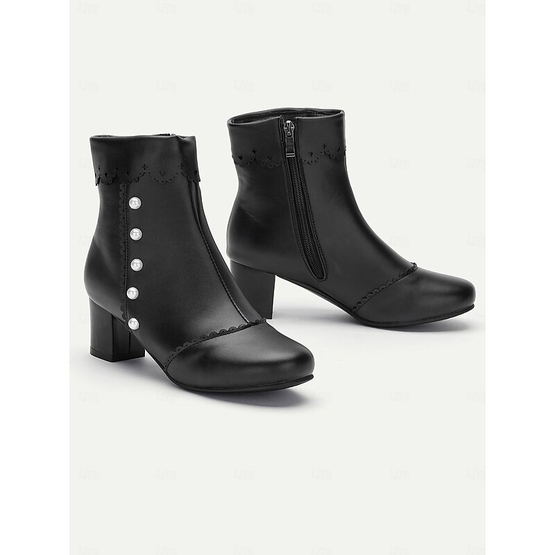 Women's Vintage Black Ankle Boots with Pearl Button Details – Retro Gothic Style for Cosplay and Special Occasions3