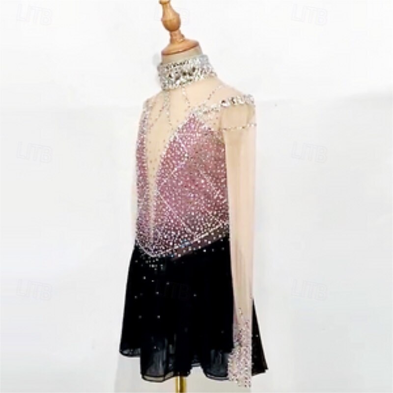 Figure Skating Dress Women's Girls' Ice Skating Dress Pink Patchwork Mesh High Elasticity Training Competition Skating Wear Classic Crystal / Rhinestone Long Sleeve Ice Skating Figure Skating2