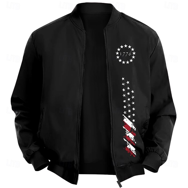 Men's American US Flag Stars Bomber Jacket Coat Casual Sports Outdoor Daily Wear Side Pockets Zip Front Graphic Fall Winter Standing Collar Long Sleeve Black Red Army Green